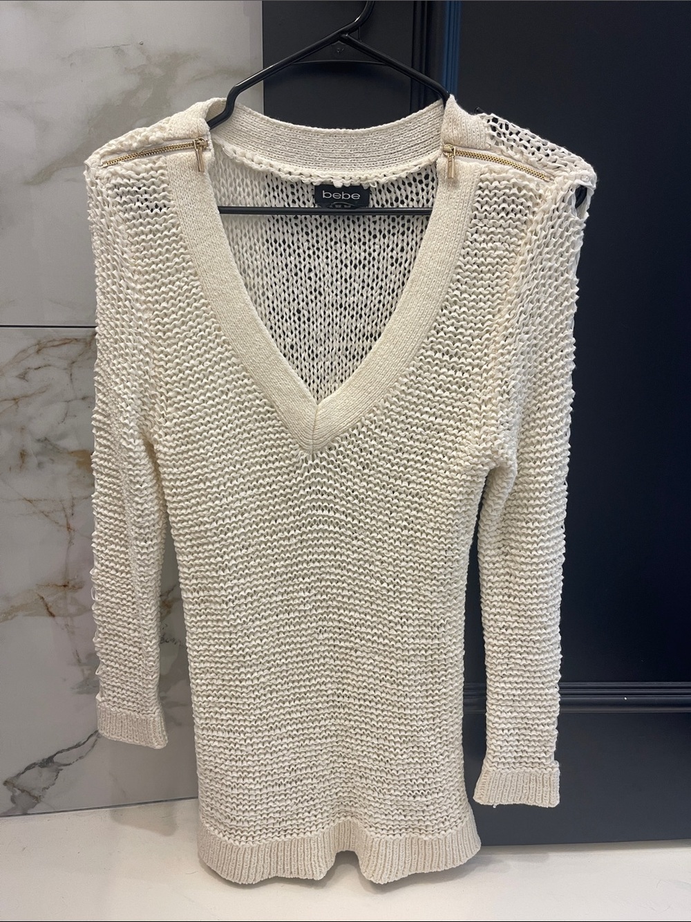 bebe Cream Open-Knit V-Neck Sweater with Zip Shoulder Accents